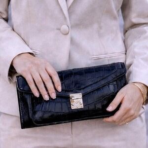 VTG Koret Black Croc Patent Faux Leather Clutch w/Mirror Wrist Strap NEW